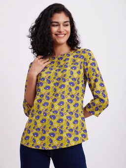 FableStreet - Floral Print Boat Neck Top Green