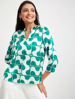 FableStreet - Satin Geometric Print Top - Green and White