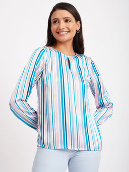 FableStreet - Satin Stripes Print Top - White and Teal
