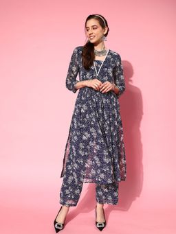 Varanga - Women Navy Blue Floral Kurta with Pant (Set of 2)