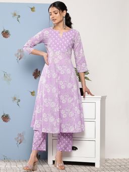 Varanga - Women Workwear Lavender Floral Anarkali Kurta With Pant (Set Of 2)