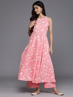 Varanga - Women Workwear Peach Floral Anarkali Kurta With Palazzo (Set Of 2)