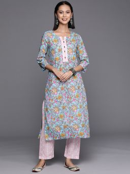 Varanga - Women Workwear Blue Floral Kurta With Pant (Set Of 2)