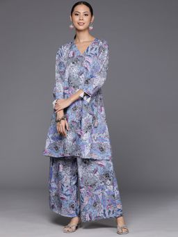 Varanga - Women Grey Floral Angarkha Kurta with Palazzo (Set of 2)