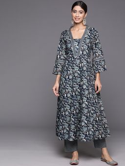 Varanga - Women Pakistani Navy Blue Floral Anarkali Kurta With Pant (Set Of 2)