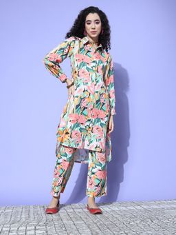 Varanga - Women Workwear White Floral Kurta With Pant (Set Of 2)