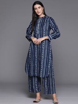 Varanga - Women Workwear Navy Blue Stripes Kurta With Pant (Set Of 2)