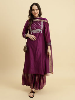 Varanga - Women Purple Embroidered Kurta with Sharara and Dupatta (Set of 3)