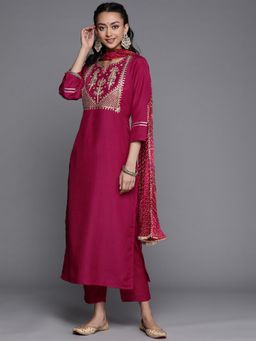 Varanga - Women Magenta Embroidered Kurta with Pant and Dupatta (Set of 3)