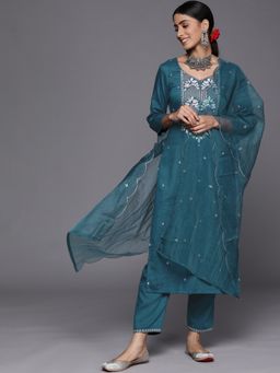 Varanga - Women Teal Embroidered Kurta with Pant and Dupatta (Set of 3)