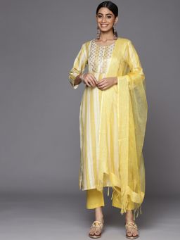 Varanga - Women Workwear Yellow Stripes Kurta With Pant And Dupatta (Set Of 3)