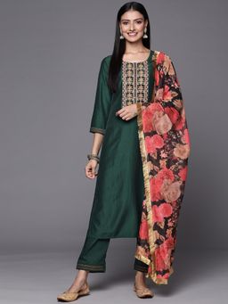 Varanga - Women Workwear Green Floral Kurta With Pant And Dupatta (Set Of 3)