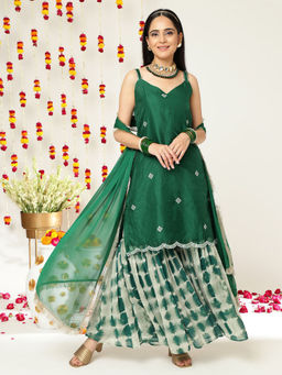 Varanga - Women Pakistani Green Embroidered Kurta With Sharara And Dupatta (Set Of 3)