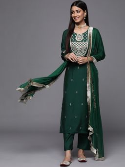 Varanga - Women Green Embroidered Kurta with Pant and Dupatta (Set of 3)