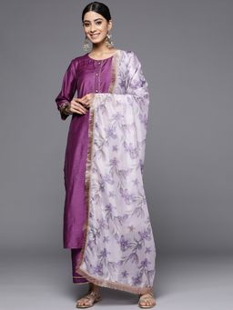 Varanga - Women Purple Floral Kurta with Palazzo and Dupatta (Set of 3)