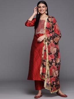 Varanga - Women Red Embroidered Kurta with Pant and Dupatta (Set of 3)