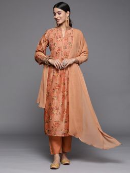 Varanga - Women Orange Floral Kurta with Pant and Dupatta (Set of 3)