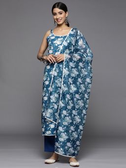 Varanga - Women Blue Floral Kurta with Pant and Dupatta (Set of 3)