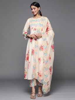 Varanga - Women Cream Floral Anarkali Kurta with Pant and Dupatta (Set of 3)