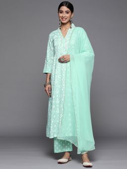 Varanga - Women Blue Printed Anarkali Kurta with Pant and Dupatta (Set of 3)