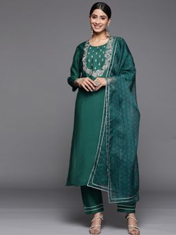 Varanga - Women Teal Embroidered Kurta with Pant and Dupatta (Set of 3)