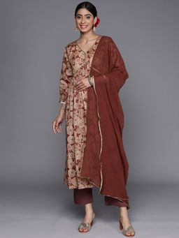 Varanga - Women Brown Floral Kurta with Pant and Dupatta (Set of 3)