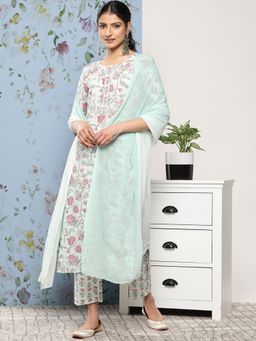 Varanga - Women Workwear Blue Floral Kurta With Pant And Dupatta (Set Of 3)