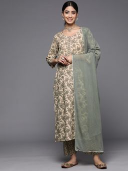 Varanga - Women Beige Floral Kurta with Pant and Dupatta (Set of 3)