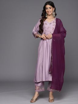 Varanga - Women Lavender Embroidered Anarkali Kurta with Pant and Dupatta (Set of 3)