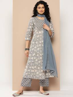 Varanga - Women Workwear Grey Floral Anarkali Kurta With Pant And Dupatta (Set Of 3)