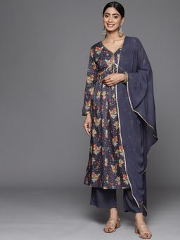 Varanga - Women Navy Blue Floral Kurta with Pant and Dupatta (Set of 3)