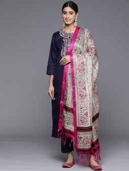 Varanga - Women Navy Blue Embroidered Kurta with Pant and Dupatta (Set of 3)