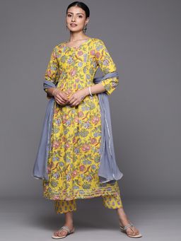 Varanga - Women Yellow Floral Kurta with Pant and Dupatta (Set of 3)