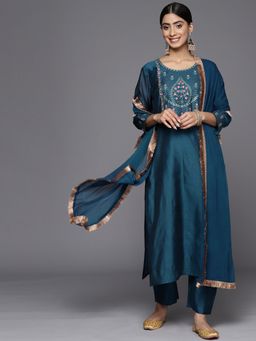 Varanga - Women Teal Embroidered Kurta with Pant and Dupatta (Set of 3)