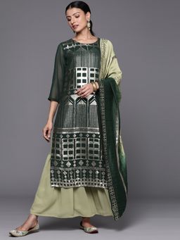 Varanga - Women Pakistani Green Embroidered Kurta With Sharara And Dupatta (Set Of 3)