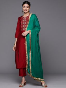 Varanga - Women Red Embroidered Kurta with Pant and Dupatta (Set of 3)