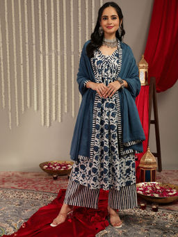 Varanga - Women Workwear White Floral Anarkali Kurta With Palazzo And Dupatta (Set Of 3)