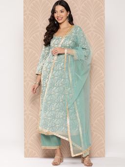 Varanga - Women Green Floral Kurta with Pant and Dupatta (Set of 3)