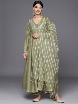 Varanga - Women Pakistani Olive Embroidered Anarkali Kurta With Pant And Dupatta (Set Of 3)
