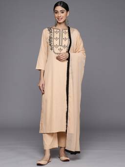 Varanga - Women Workwear Beige Embroidered Kurta With Pant And Dupatta (Set Of 3)