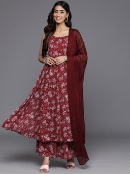 Varanga - Women Workwear Maroon Floral Anarkali Kurta With Palazzo And Dupatta (Set Of 3)