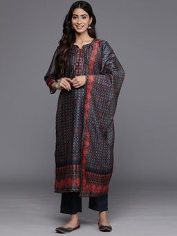 Varanga - Women Navy Blue Printed Kurta with Pant and Dupatta (Set of 3)