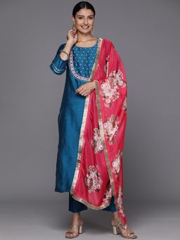 Varanga - Women Blue Embroidered Kurta with Pant and Dupatta (Set of 3)