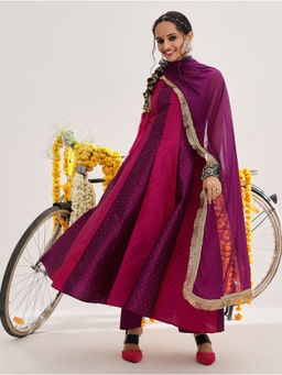 Varanga - Women Pink Colorblock Anarkali Kurta with Pant and Dupatta (Set of 3)