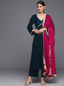 Varanga - Teal blue V- Neck Aliya cut winter A - Line kurta & Palazzo With contrast Dupatta