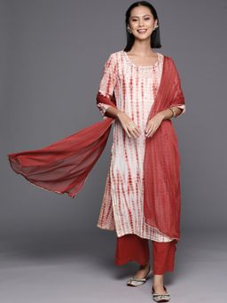 Varanga - Women Workwear Rust Tie & Dye Kurta With Palazzo And Dupatta (Set Of 3)