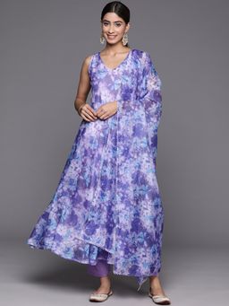 Varanga - Women Blue Floral Anarkali Kurta with Pant and Dupatta (Set of 3)