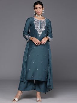 Varanga - Women Teal Embroidered Kurta with Pant and Dupatta (Set of 3)