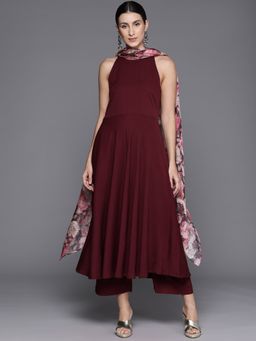 Varanga - Women Workwear Maroon Solid Anarkali Kurta With Pant And Dupatta (Set Of 3)