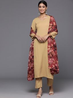 Varanga - Women Beige Solid Kurta with Pant and Dupatta (Set of 3)